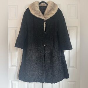 VTG Shearling Persian Lamb A-Line Midi Coat Gray Mink Collar Bell Sleeve Size L